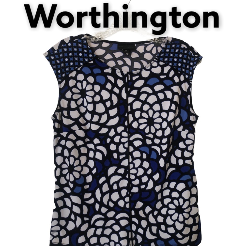 Worthington Sleeveless Floral Blue & White Blouse PM